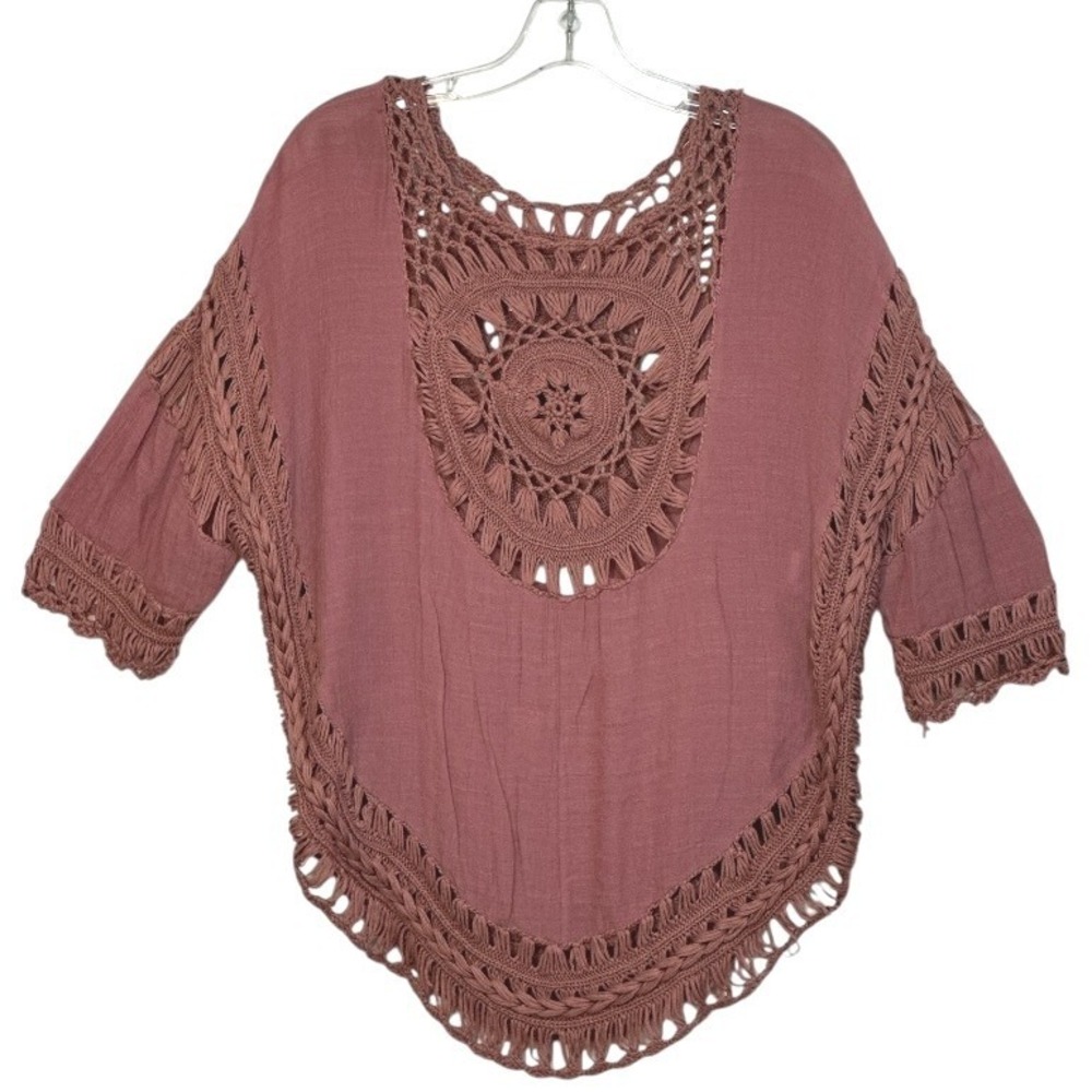 AmianI Women's Blouse Crochet Overlay Kimono Sleeve Boho Festival Resort Pink OS